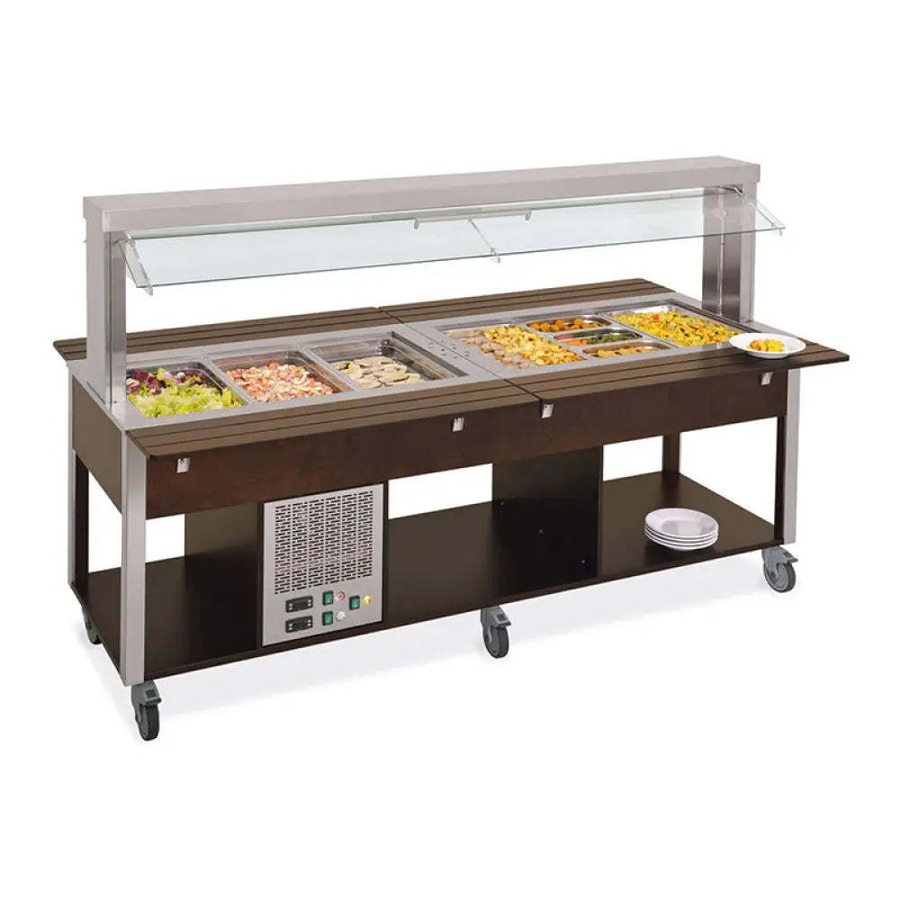 BUFFET MISTO GN 6/1 3 CALDI-3 FREDDI PARAFIATO MOBILE ILLUMINAZIONE A LED TINTO WENGÉ - 6920.6F3M-W - METALCARRELLI