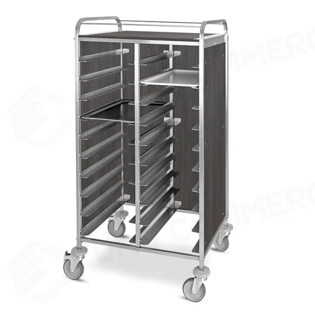 CARRELLO PORTAVASSOI, PANNELLI LATERALI NOBILITATO, PORTATA 20 VASSOI GN, ROVERE TABACCO - 1476SGNT - METALCARRELLI