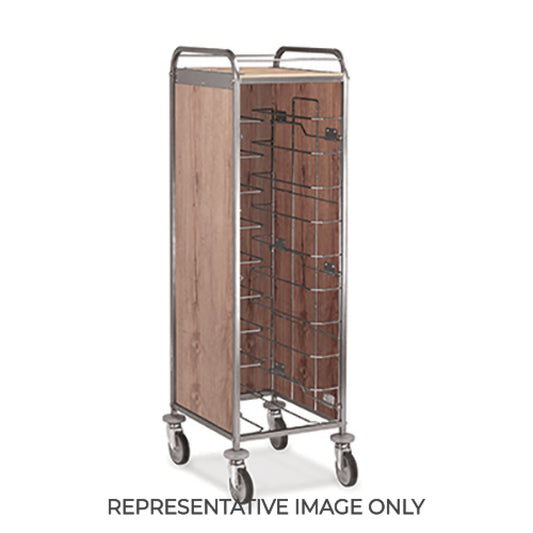 CARRELLO PORTAVASSOI UNIVERSALE, PANNELLI LATERALI NOBILITATO, 10 VASSOI, ROVERE, RUOTE ELASTICHE, FRENATE - 1471SU-E - METALCARRELLI