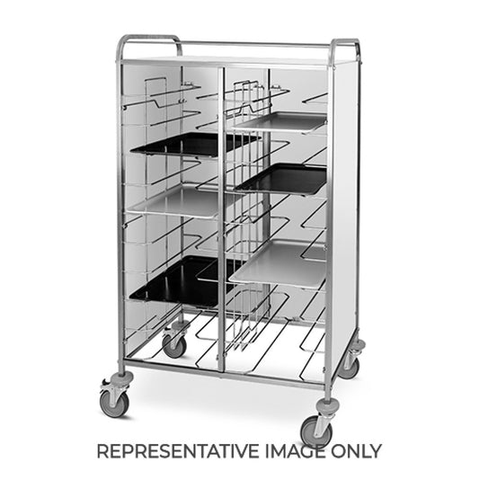 CARRELLO PORTAVASSOI UNIVERSALE, PANNELLI LATERALI NOBILITATO, 20 VASSOI, ROVERE, 2 RUOTE FRENATE - 1476SU-F - METALCARRELLI
