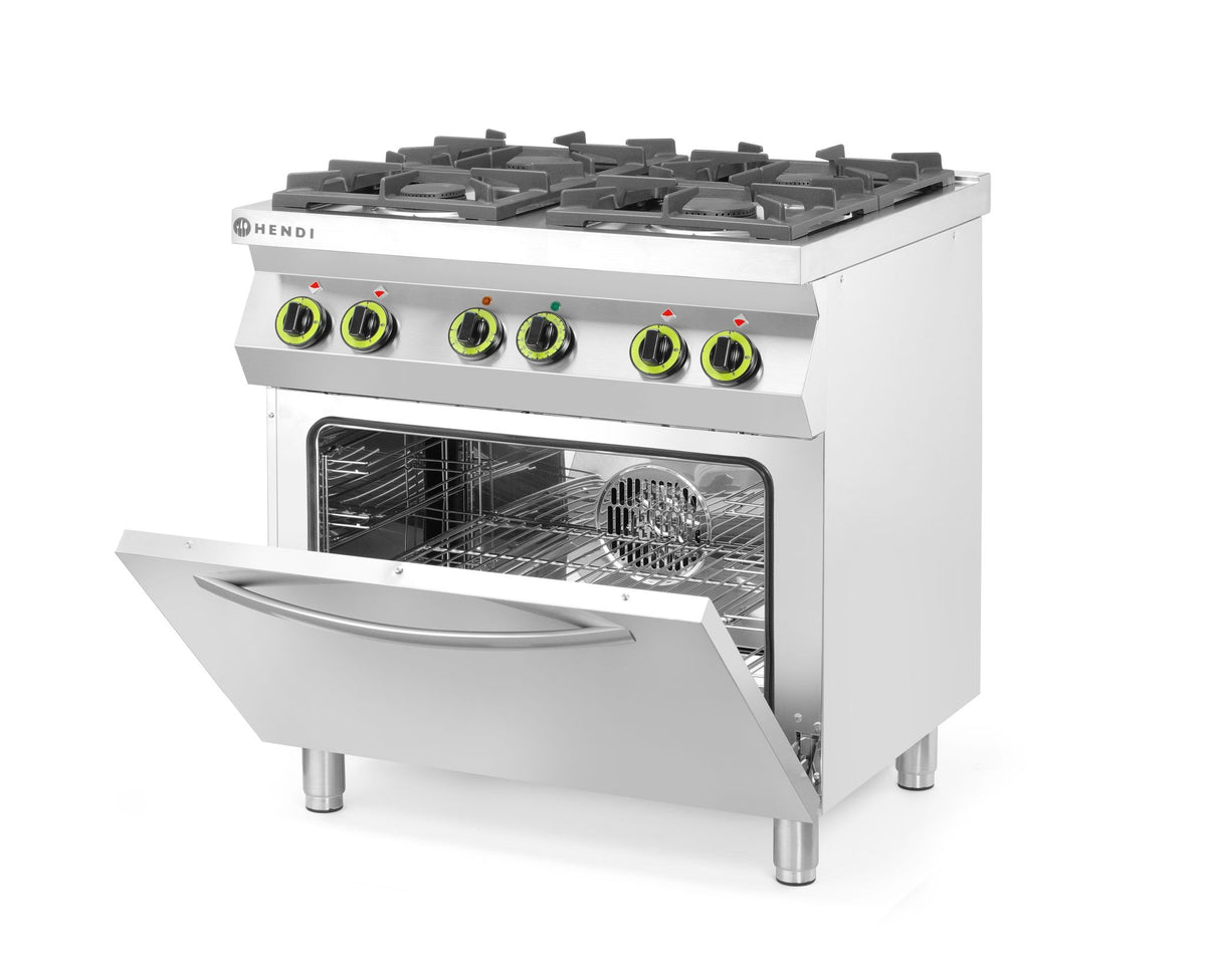 FORNELLO A GAS A 4 FUOCHI CON FORNO A CONVEZIONE GN 1/1, HENDI, KITCHEN LINE, 230V/3000W, 19KW, 800X - 225882