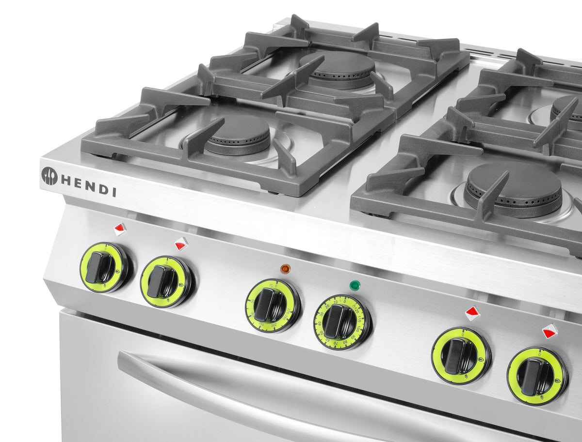 FORNELLO A GAS A 4 FUOCHI CON FORNO A CONVEZIONE GN 1/1, HENDI, KITCHEN LINE, 230V/3000W, 19KW, 800X - 225882