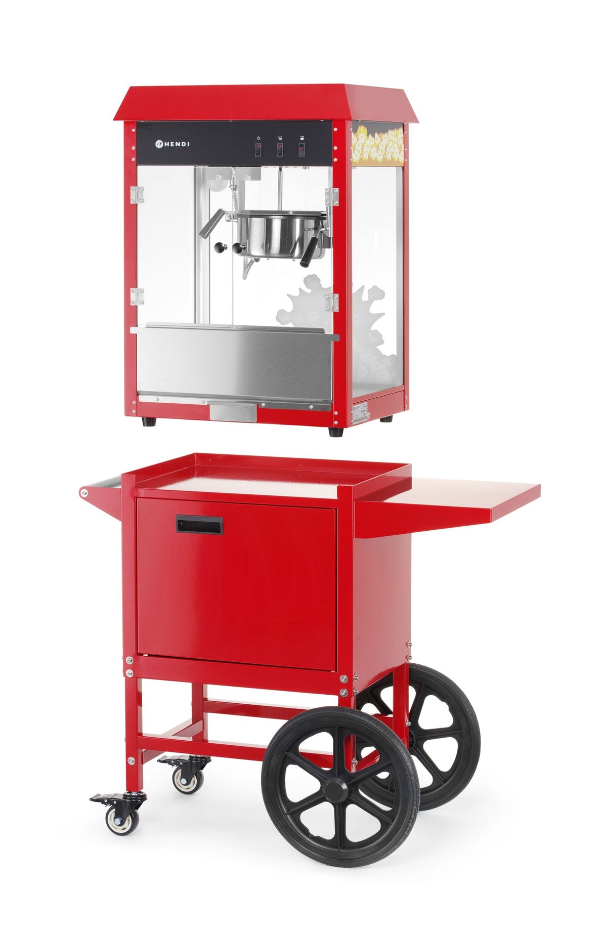 MACCHINA PER POPCORN CON CARRELLO, HENDI, ROSSO, 220-240V/1155W, 940X510X(H)1553MM - 282830