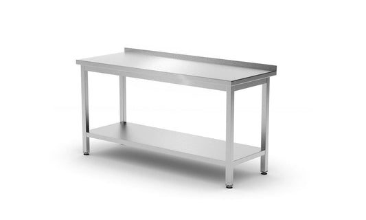 TAVOLO A PARETE CON RIPIANO – BULLONATO, PROFONDITÀ 600 MM, KITCHEN LINE, 1200X600X(H)850MM