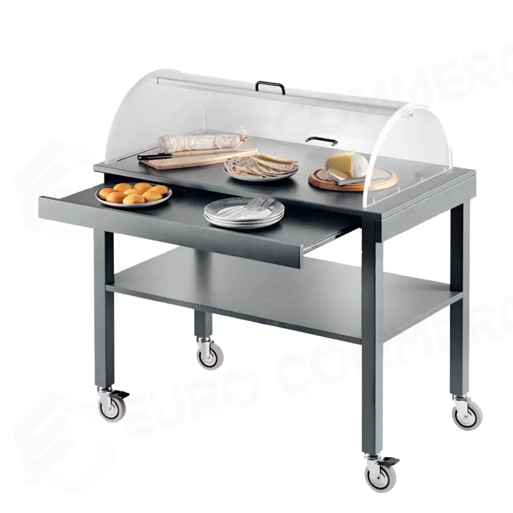CARRELLO DI SERVIZIO IN LEGNO LACCATO GRIGIO GRANITO 2 PIANI CM 100X56 PORTAPIATTI ESTRAIBILE CUPOLA SEMI-CILINDRICA