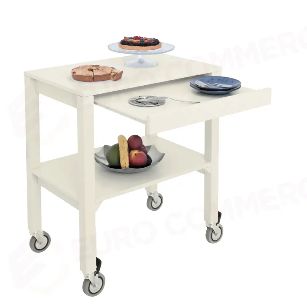CARRELLO DI SERVIZIO IN LEGNO LACCATO MAGNOLIA 2 PIANI CM 100X45 PORTAPIATTI ESTRAIBILE RUOTE ELASTICHE - 6842M-E