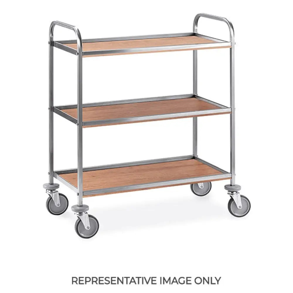 CARRELLO DI SERVIZIO INOX 3 PIANI NOBILITATO ROVERE CM 90X45 RUOTE ELASTICHE 2 FRENATE - 4690.3-E - METALCARRELLI