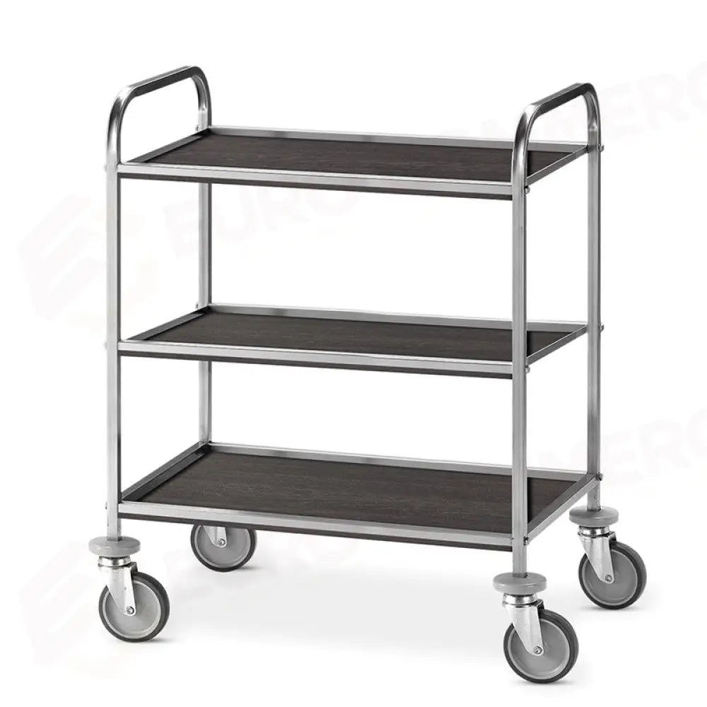 CARRELLO DI SERVIZIO INOX 3 PIANI NOBILITATO ROVERE TABACCO CM 90X45 - 4690.3T - METALCARRELLI - CARRELLI