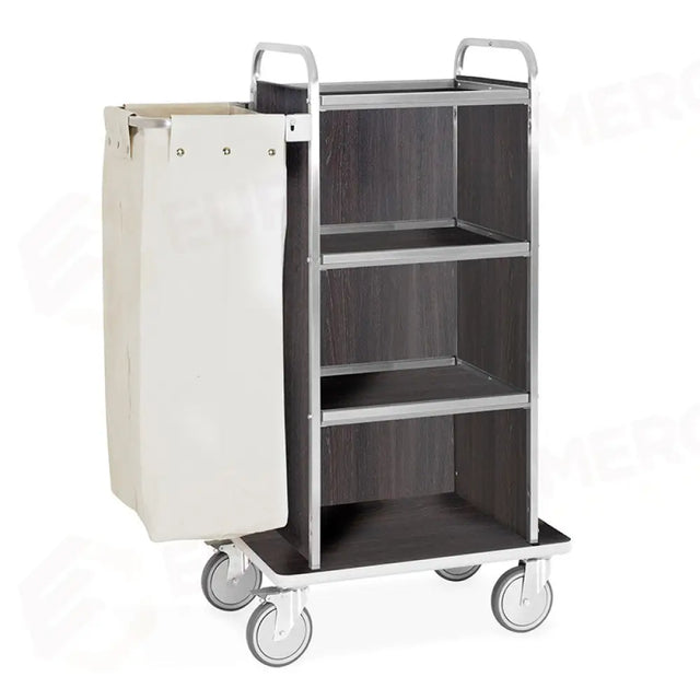 CARRELLO PORTABIANCHERIA, 4 PIANI CM 50X45, PANNELLI SU TRE LATI, ROVERE TABACCO, RUOTE ELASTICHE, 2 FRENATE - 4452T - METALCARRELLI