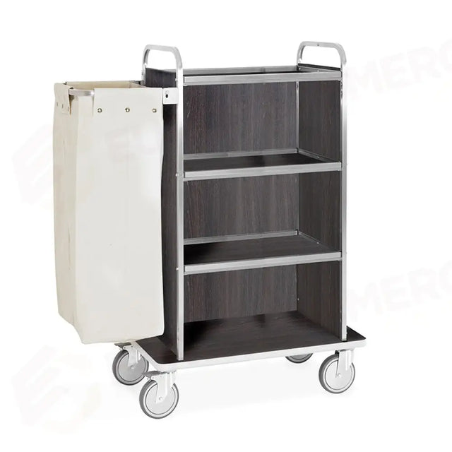 CARRELLO PORTABIANCHERIA, 4 PIANI CM 70X45, PANNELLI SU TRE LATI, ROVERE TABACCO, RUOTE ELASTICHE, 2 FRENATE - 4472T - METALCARRELLI