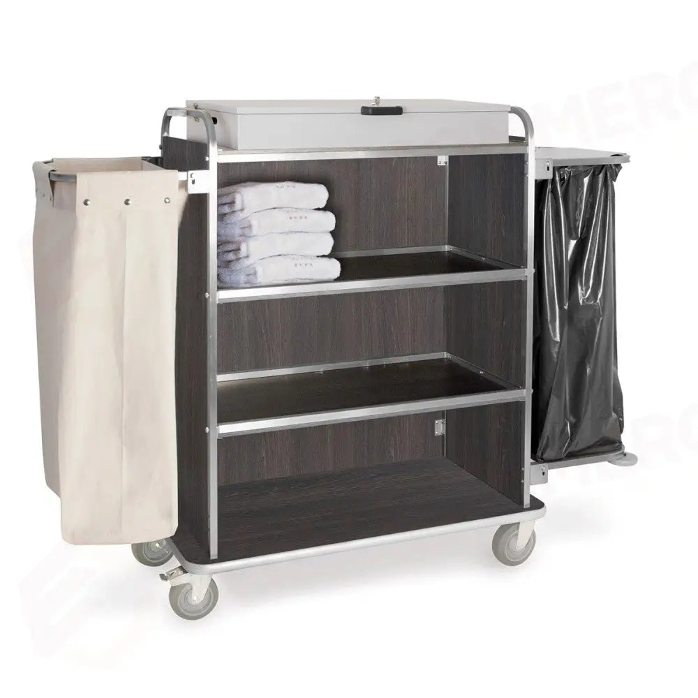 CARRELLO PORTABIANCHERIA 4 PIANI CM 90X45 PANNELLI SU TRE LATI ROVERE TABACCO RUOTE ELASTICHE 2 FRENATE - 4492T