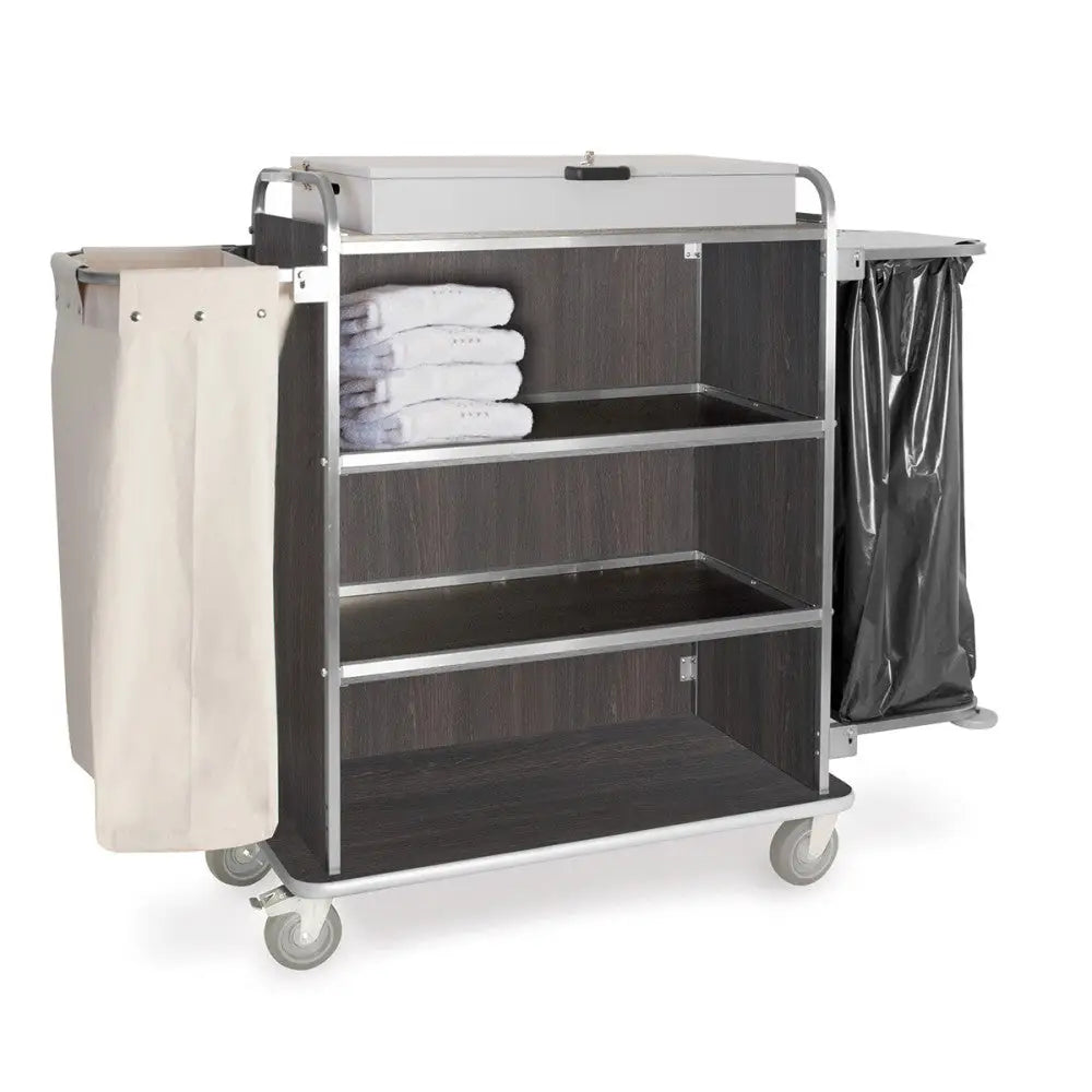 CARRELLO PORTABIANCHERIA 4 PIANI CM 90X45 PANNELLI SU TRE LATI ROVERE TABACCO RUOTE ELASTICHE 2 FRENATE - 4492T