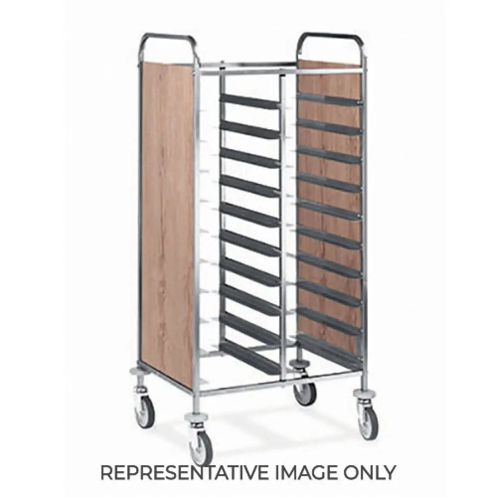 CARRELLO PORTAVASSOI PANNELLATO NOBILITATO PORTATA 20 VASSOI GN ROVERE 2 RUOTE FRENATE - 1475GN-PN-F - METALCARRELLI