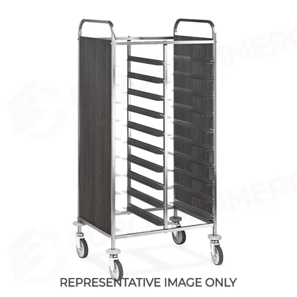 CARRELLO PORTAVASSOI PANNELLATO NOBILITATO PORTATA 24 VASSOI GN ROVERE 2 RUOTE FRENATE - 1477GN-PN-F - METALCARRELLI