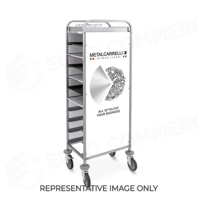 CHARIOT PORTE-PLATEAUX, PANNEAUX EN TÔLE ÉLECTROZINGUÉE PEINTE EN BLANC, PERSONNALISABLES AVEC IMPRESSION NUMÉRIQUE, CAPACITÉ 12 PLATEAUX GN, ROUES ÉLASTIQUES, 2 FREINS - 1472GN-ADV-E - METALCARRELLI
