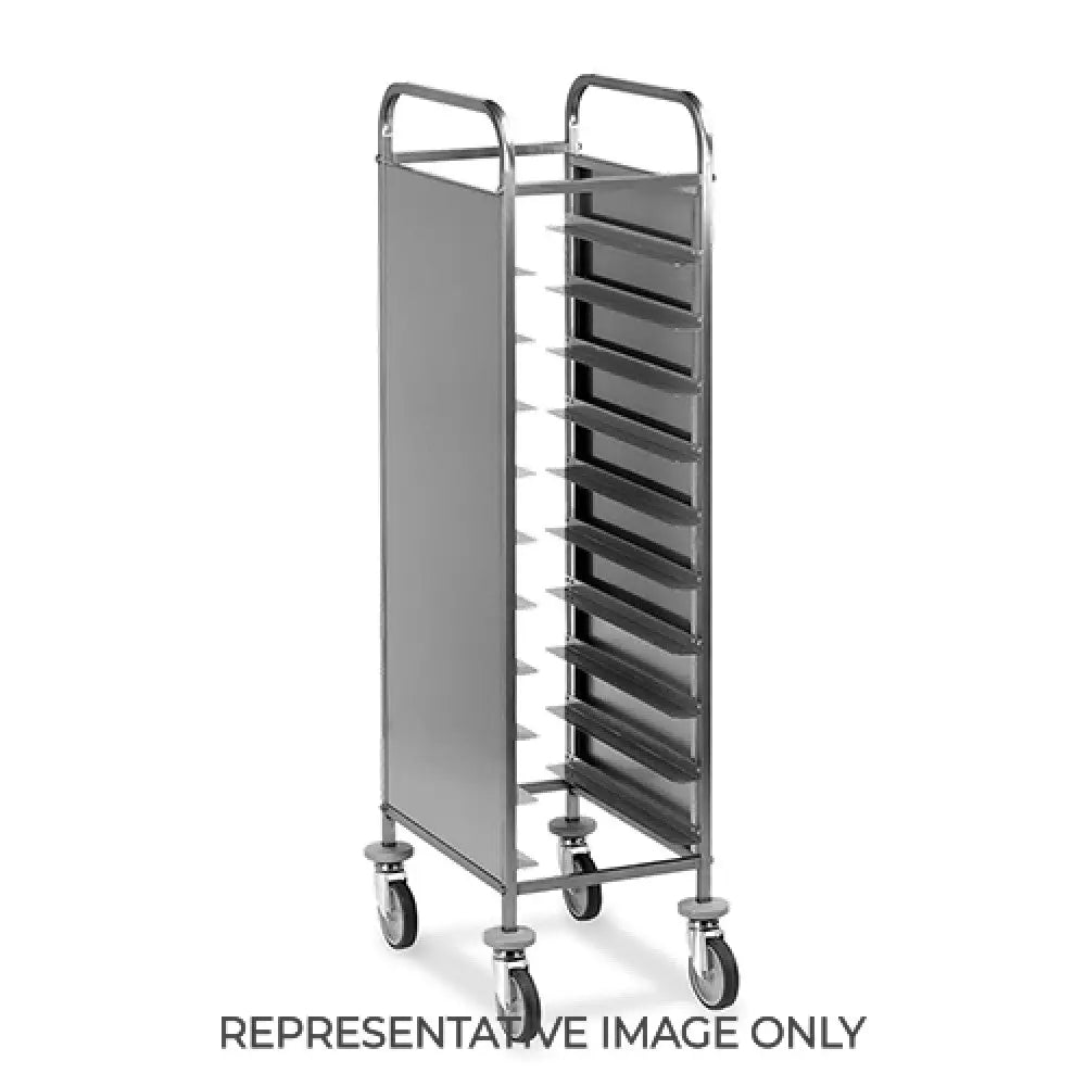 CARRELLO PORTAVASSOI PANNELLI LATERALI INOX PORTATA 10 VASSOI EN 2 RUOTE FRENATE - 1470EN-PI-F - METALCARRELLI