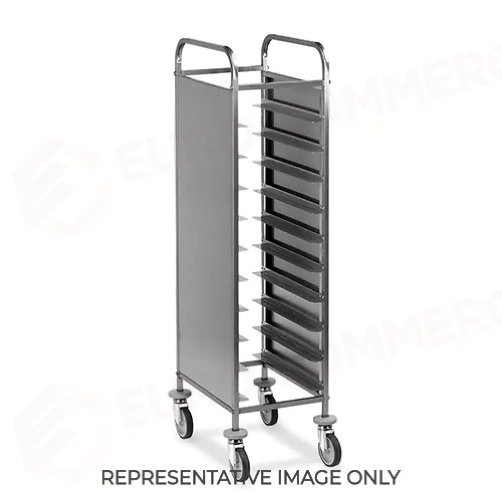 CARRELLO PORTAVASSOI PANNELLI LATERALI INOX PORTATA 10 VASSOI EN RUOTE ELASTICHE FRENATE - 1470EN-PI-E - METALCARRELLI