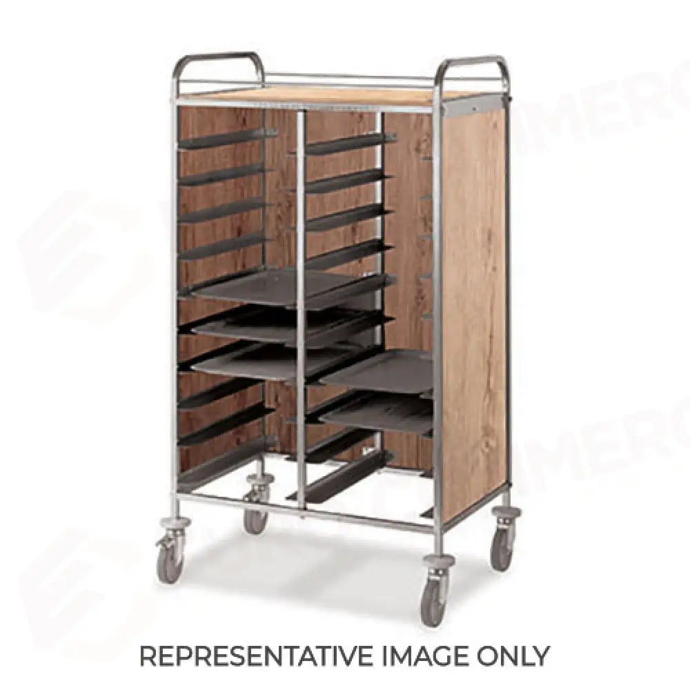 CARRELLO PORTAVASSOI PANNELLI LATERALI NOBILITATO PORTATA 20 VASSOI EN ROVERE RUOTE ELASTICHE FRENATE - 1476SEN-E
