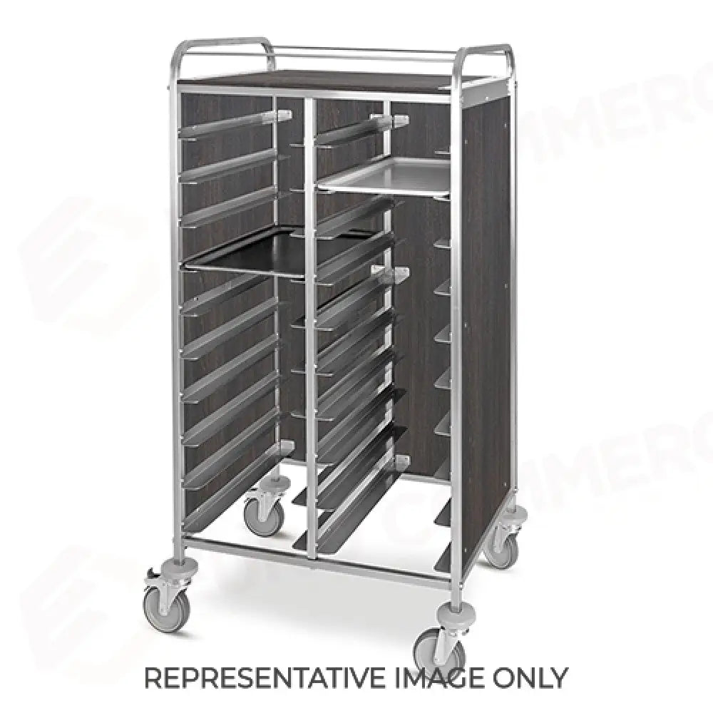 CARRELLO PORTAVASSOI PANNELLI LATERALI NOBILITATO PORTATA 24 VASSOI EN ROVERE TABACCO RUOTE ELASTICHE FRENATE