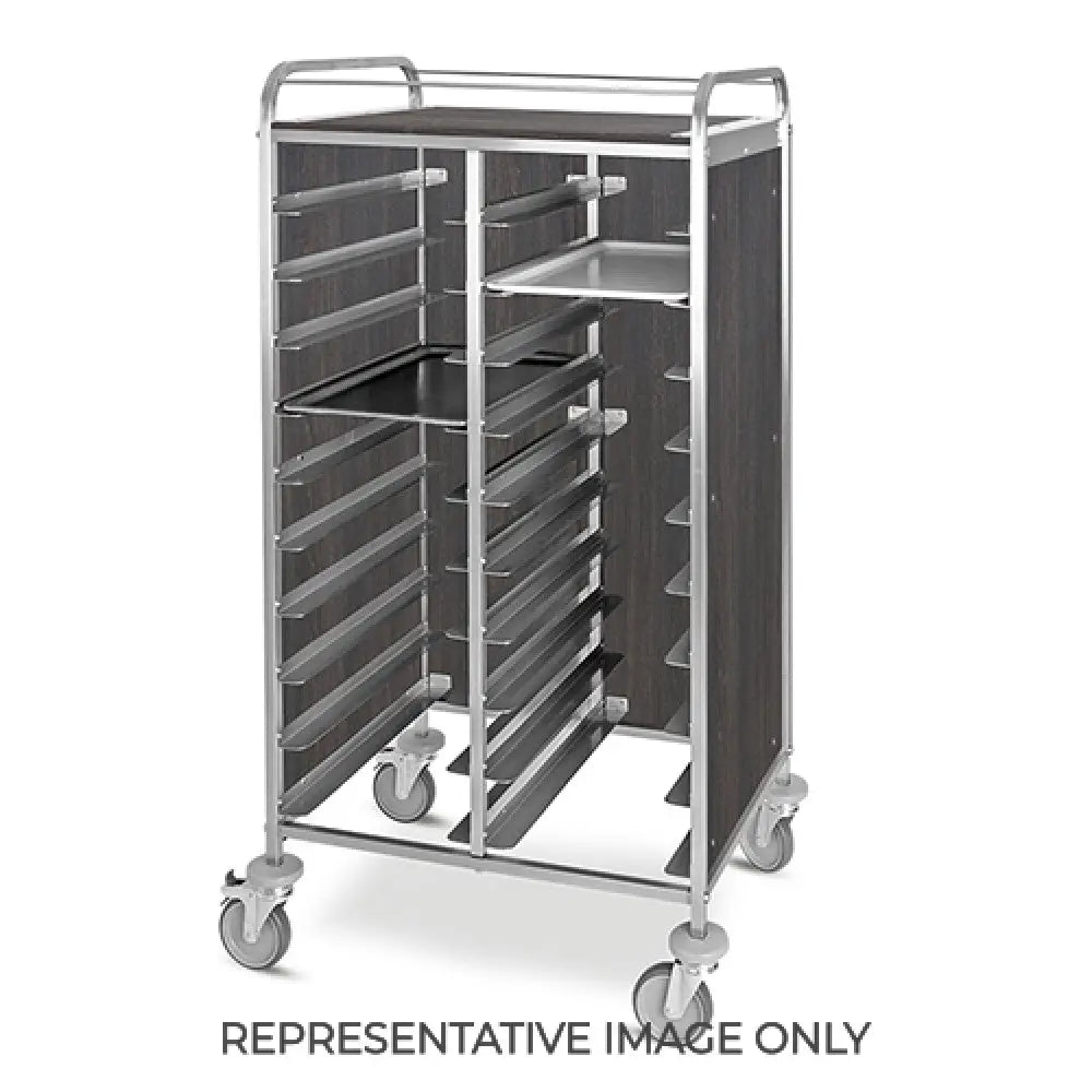 CARRELLO PORTAVASSOI PANNELLI LATERALI NOBILITATO PORTATA 24 VASSOI GN ROVERE TABACCO 2 RUOTE FRENATE - 1478SGNT-F