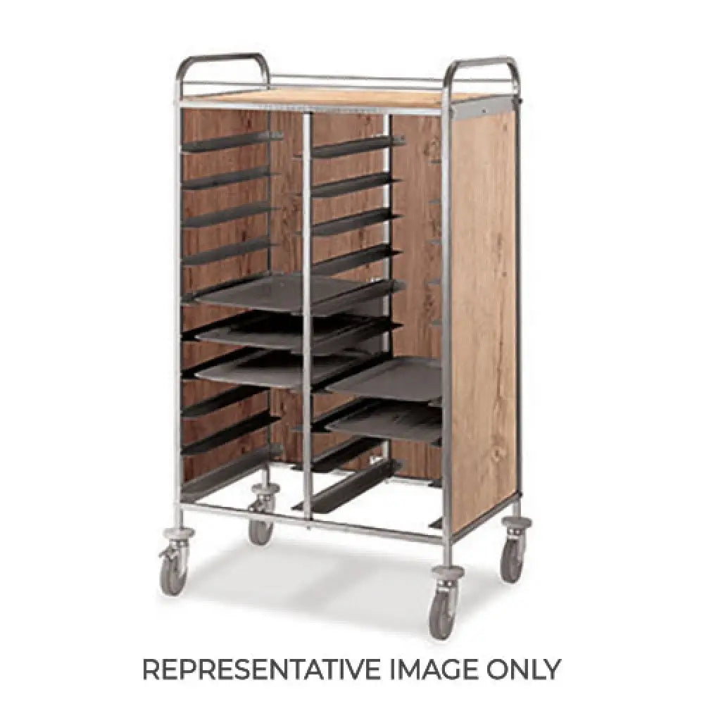 CARRELLO PORTAVASSOI PANNELLI LATERALI NOBILITATO PORTATA 24 VASSOI EN ROVERE 2 RUOTE FRENATE - 1478SEN-F
