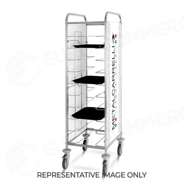 CARRELLO PORTAVASSOI UNIVERSALE, PANNELLI LATERALI IN LAMIERA ELETTROZINCATA VERNICIATA BIANCA PERSONALIZZABILI, PORTATA 24 VASSOI, 2 RUOTE FRENATE - 1477U-ADV-F - METALCARRELLI