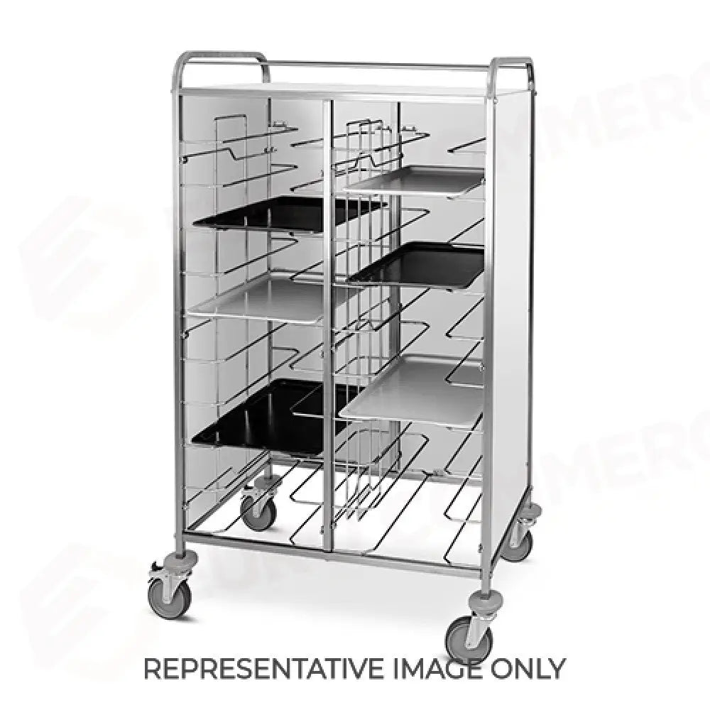 CARRELLO PORTAVASSOI UNIVERSALE PANNELLI LATERALI NOBILITATO 20 VASSOI,ROVERE RUOTE ELASTICHE FRENATE - 1476SU-E