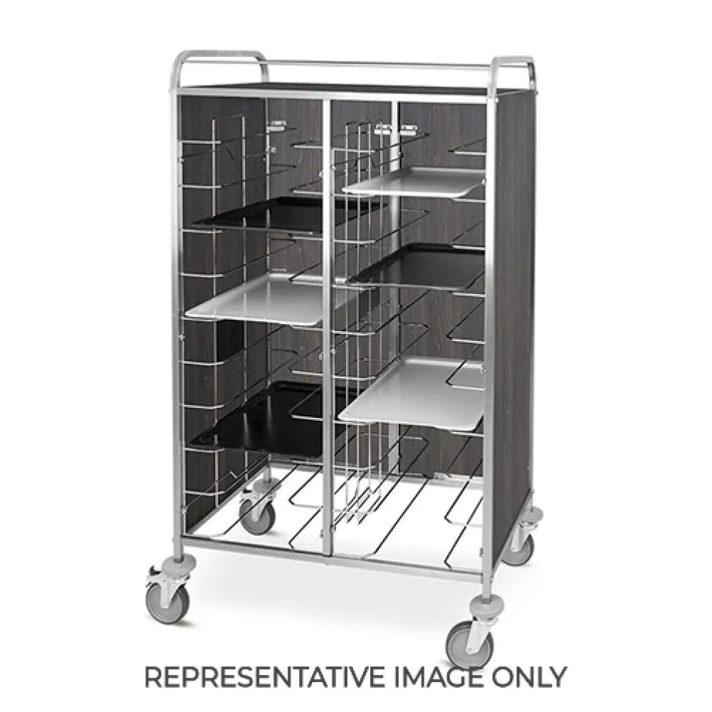 CARRELLO PORTAVASSOI UNIVERSALE PANNELLI LATERALI NOBILITATO 24 VASSOI ROVERE TABACCO 2 RUOTE FRENATE - 1478SUT-F