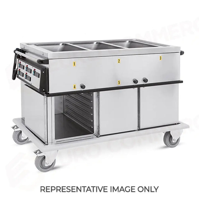 CHARIOT THERMIQUE, 3XGN1/1, BACS SÉPARÉS, 1 COMPARTIMENT NEUTRE + 2 CHAUDS AVEC GLISSIÈRES EMBOSSÉES, H1, ROUES ÉLASTIQUES - 7375A2-GS-E - METALCARRELLI