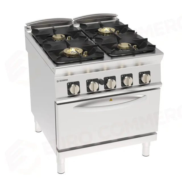 Cuisinière à gaz 4 brûleurs, four à gaz GN2/1, thermostat - 313275 - TECNOINOX