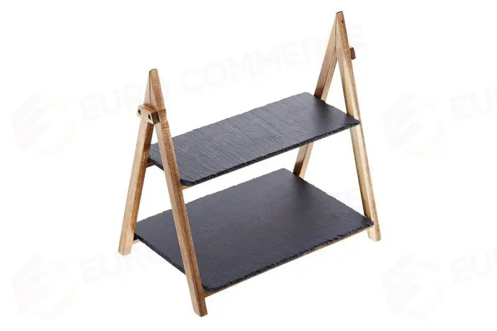DUO STAND IN ACACIA CON RIPIANI IN ARDESIA NATURALE - 39,5X25X39,5 CM - S5054 - LEONE - ESPOSITORI BUFFET IN ACACIA