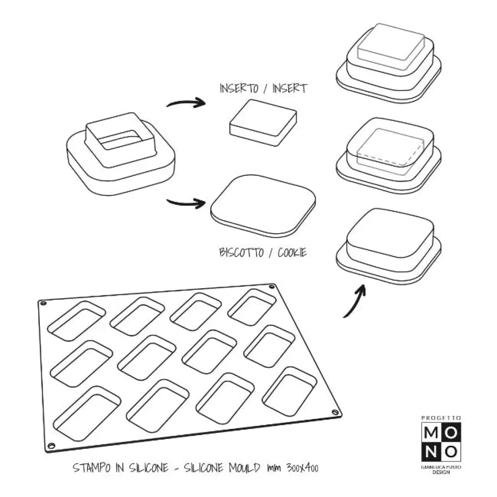 KIT PROGETTO MONO: STAMPO IN SILICONE PAVOFLEX 400 X 300 MM - 12 IMPRONTE RETTANGOLARI 92 X 50 X H 15 MM VOL. 67 ML