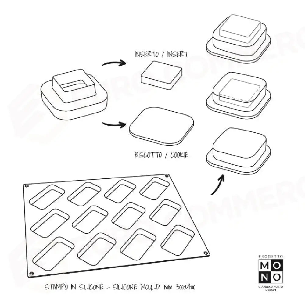 KIT PROGETTO MONO: STAMPO IN SILICONE PAVOFLEX 400 X 300 MM - 12 IMPRONTE QUADRATE 68 X 68 X H 15 MM VOL. 68 ML