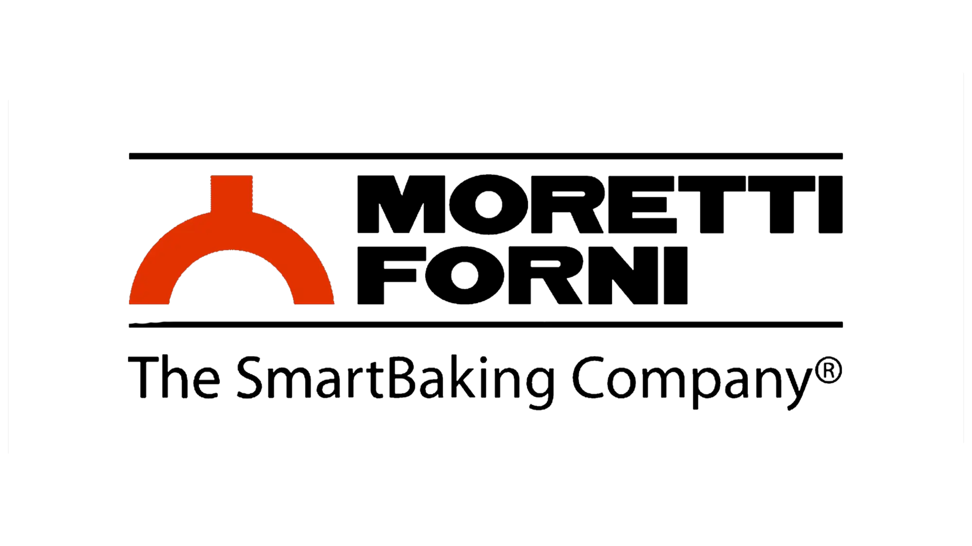 Logo arancione con un design curvo a tre punte su sfondo nero.