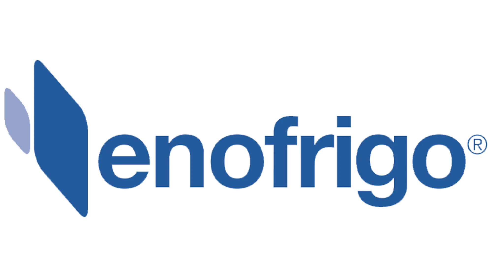 Logo blu ’enofrigo’ con un emblema stilizzato a forma di freccia a sinistra del testo.