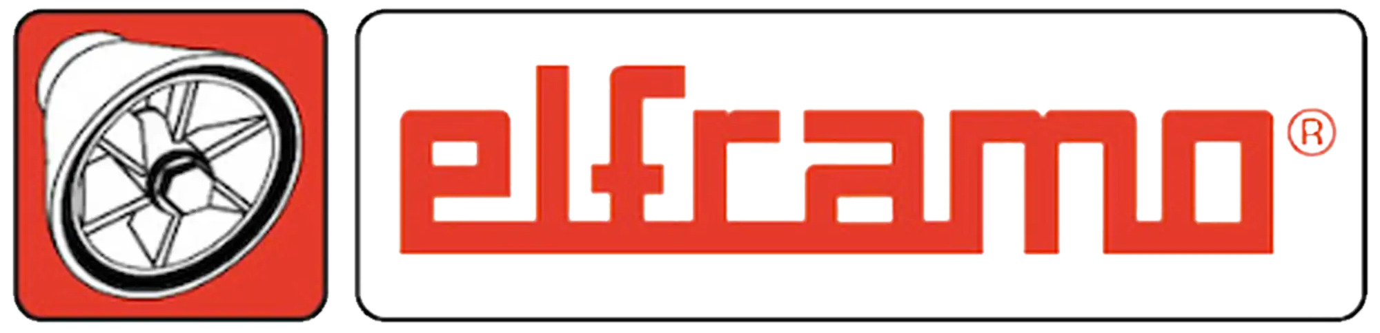 Logo 'elframo' rosso e nero con un'icona stilizzata di ruota bianca a sinistra.