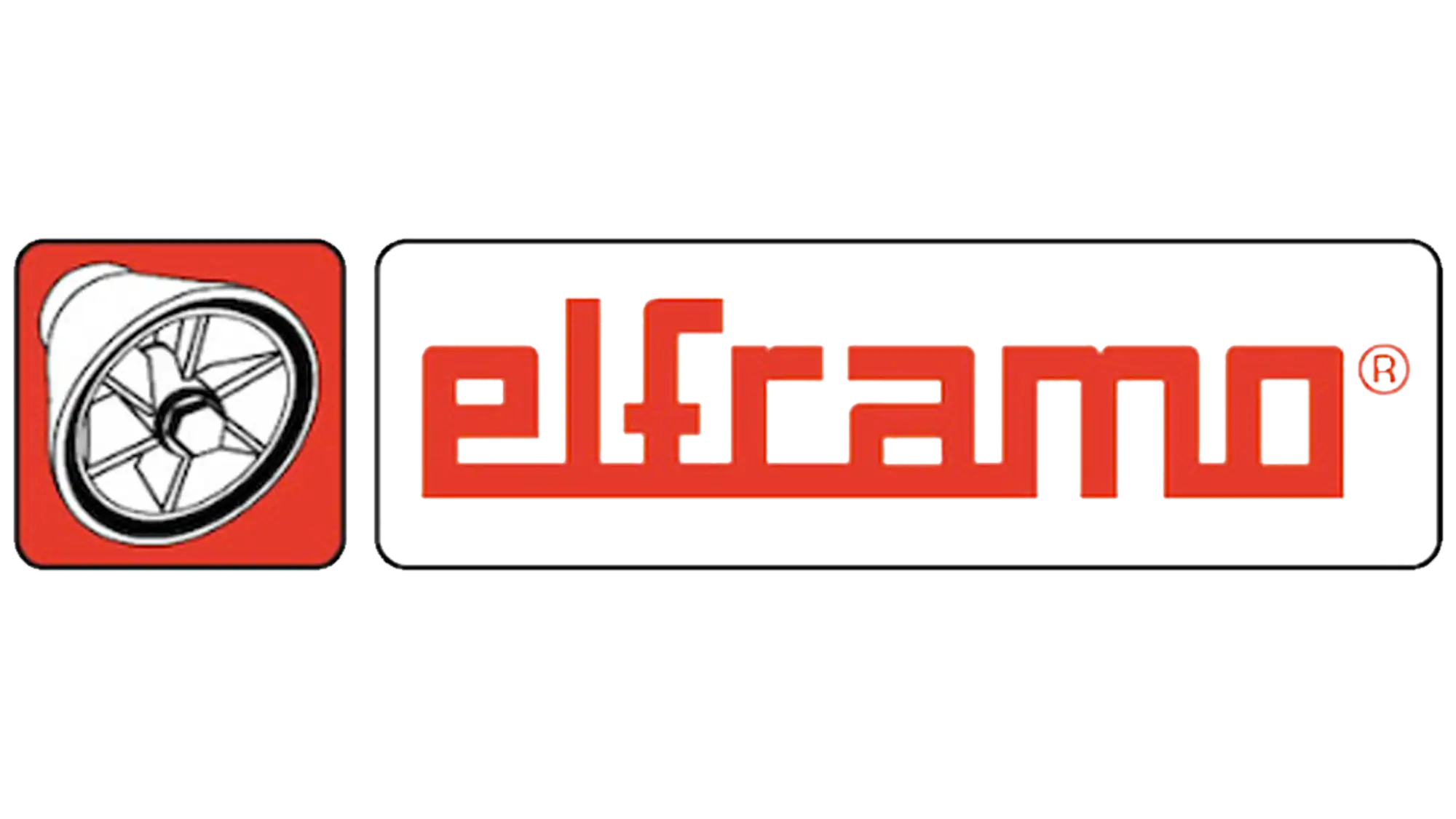 Logo 'elframo' rosso e nero con un'icona stilizzata di ruota bianca a sinistra.
