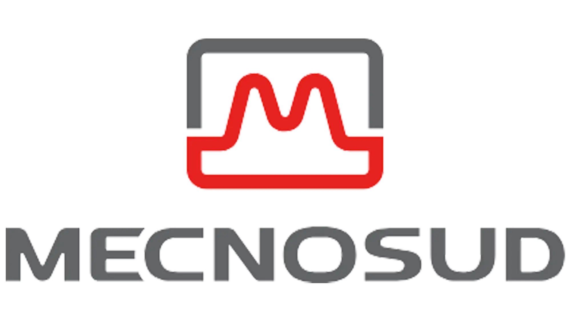 Il logo Mecnosud presenta un emblema stilizzato 'm' rosso e grigio all'interno di una cornice rettangolare con lettere bold e moderne al di sotto.