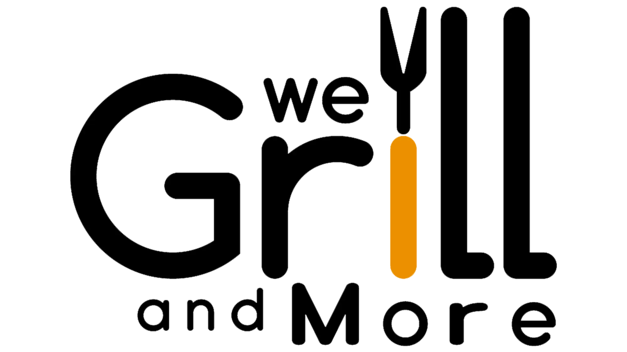 Logo nero e arancione 'we grill and more' con lettere stilizzate.