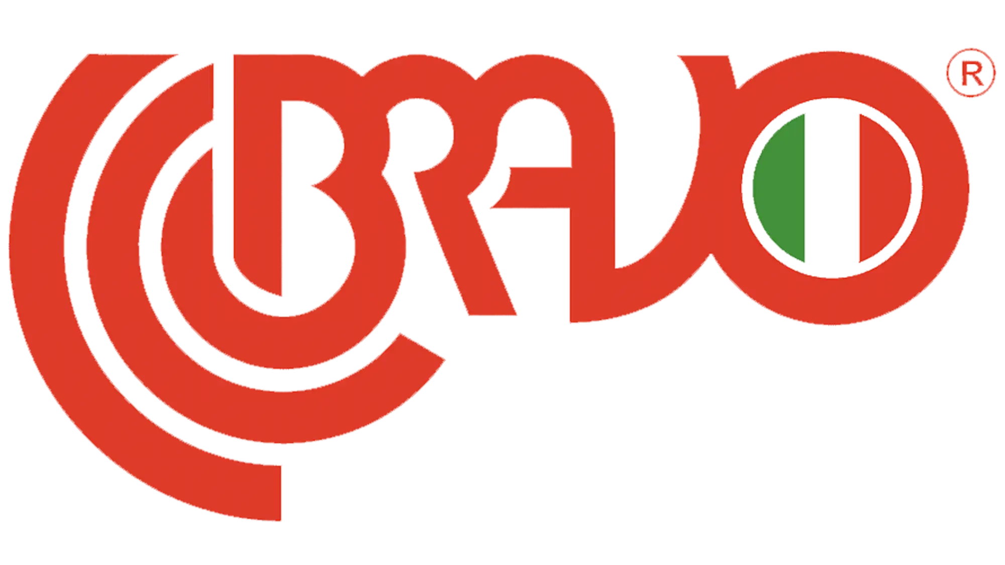 Logo rosso 'bravo' con un emblema circolare verde e bianco all'interno della lettera 'o'.