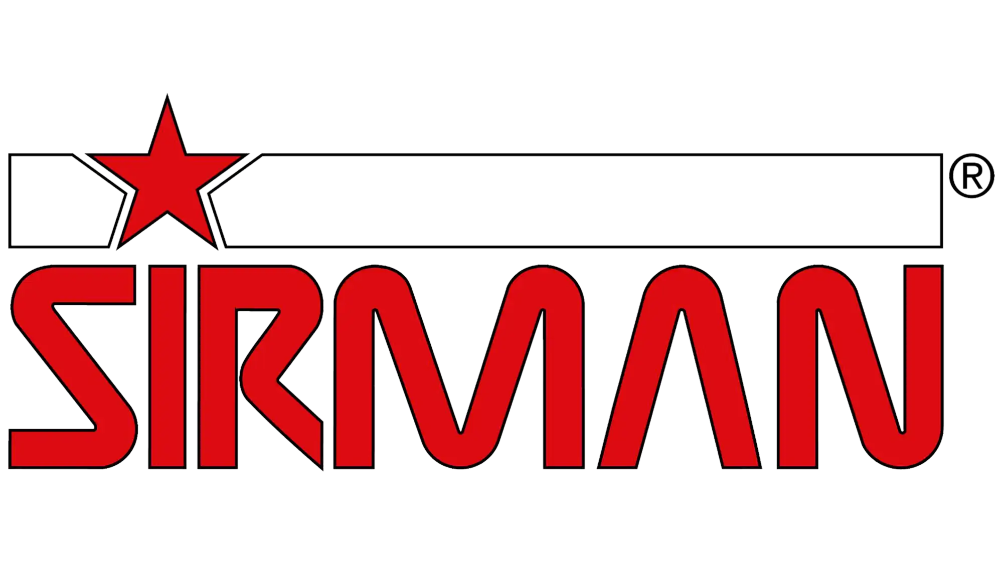 Logo rosso ’sirman’ con una stella sopra il testo.