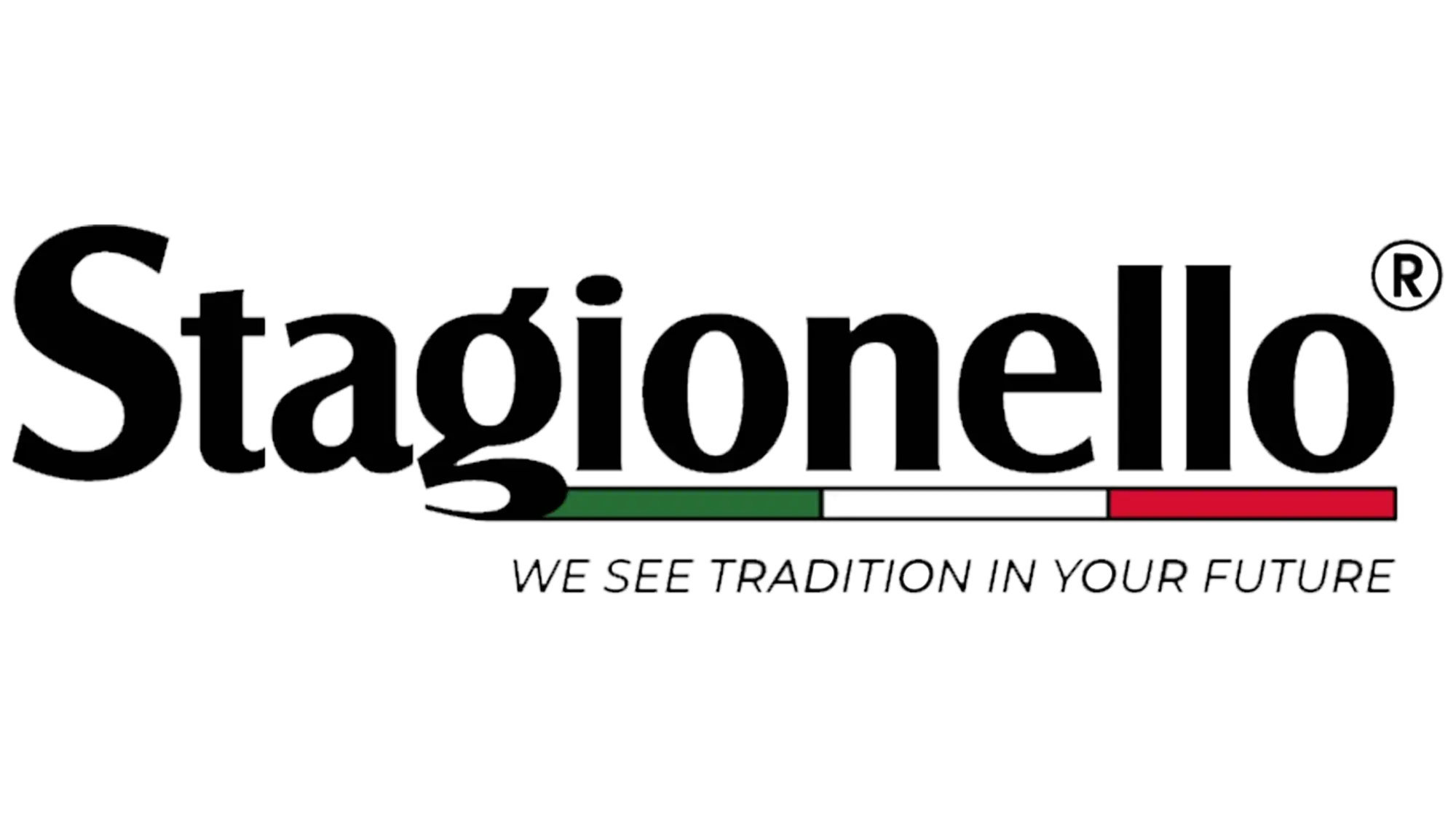 Logo di Stagionello con lettere nere in grassetto e una striscia tricolore orizzontale di verde, bianco e rosso al di sotto.