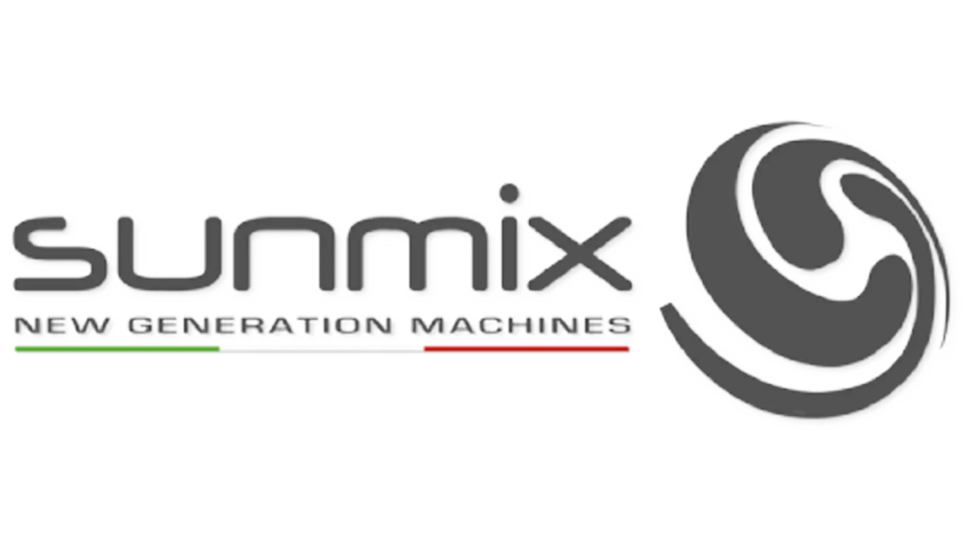 Logo Sunmix con il nome del marchio in lettere grasse grigie con 'macchine della nuova generazione' al di sotto, accentuato da linee verdi e rosse, accanto a un emblema stilizzato a forma di vortice circolare.