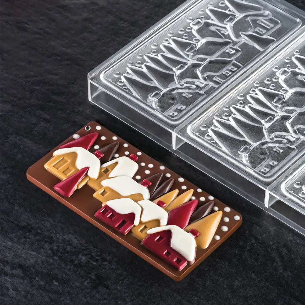 STAMPO PER TAVOLETTE IN CIOCCOLATO XMAS VILLAGE FIORANI - MM 154X77XH 10 VOL. ~ 100 G 3 IMPRONTE - DIM STAMPO MM