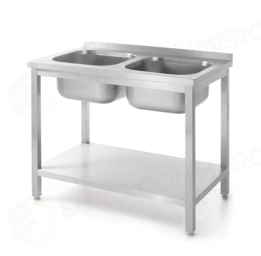 TAVOLO CON 2 LAVELLI E MENSOLA IMBULLONATO HENDI KITCHEN LINE DUE 1000X600X(H)850MM - 817032
